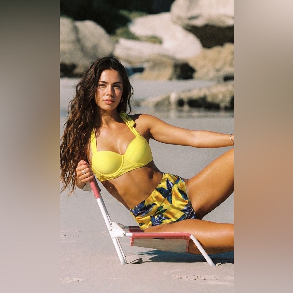 Halter Bikini Set in Yellow with Palm Leaf Print and High Waisted Bottoms NEW
